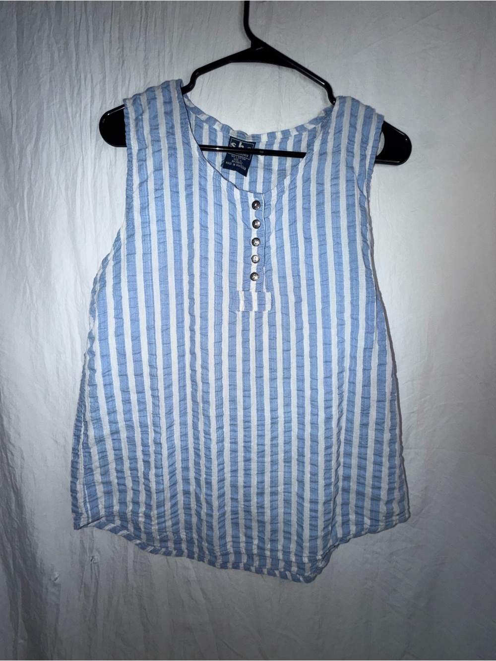 S.H.E Fashions Blue White Striped Henley Tank Top Sleeveless Blouse 100% Cotton